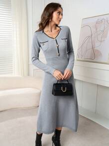 Modelyn Solid Color Casual Knit Sweater Dress, Simple And Fashionable For Daily Wear - Grey - View 6