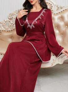 Modelyn Fashion Rhinestone Party Dress For Women Burgundy Maxi Women Outfit Long Evening Dresses - Burgundy - View 2