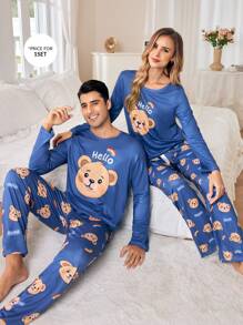 CoupledUp Men's Bear Print Round Neck Long Sleeve Casual Top And Pants Pajama Set