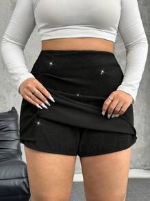 SHEIN EZwear Plus Size Solid Color Casual Shorts, Suitable For Parties & Everyday Wear - Black - View 3
