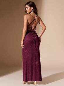 SHEIN BAE Váy xẻ hở lưng hở lưng cho nữ, ôm sát khi dự tiệc - Màu Đỏ Sâu - Xem 2