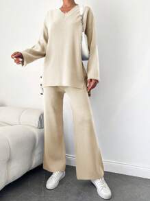 SHEIN Cottnline 2pcs V-neck High Low Hem Split Knit Sweater And Solid Color Knitted Pants - Beige - View 6