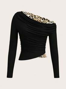 SHEIN ICON Y2K Leopard Print Splicing One-Shoulder Long Sleeve Shirred T-Shirt, Stylish For Autumn Winter Thanksgiving Party Winter New Year Holiday Sexy