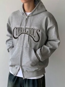 DAZY 男士秋季字母印花落肩长袖前拉链连帽运动衫，休闲 - 灰色 - 查看 8