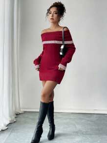 Chiquease Robe pull ample et décontractée à épaules dénudées, couleur unie, style sexy