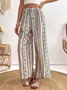 SHEIN VCAY Women's Retro Print Wide-Leg Pants, Autumn/Winter