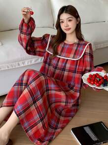 DAZY Cute Plaid Ruffle Trim Lantern Sleeve Nightgown - Red - View 5