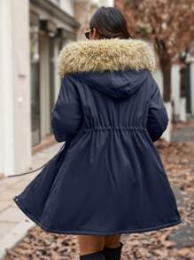 Calvaya 加大码收腰中长款连帽派克大衣外套冬季服装