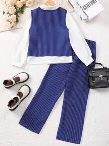 SHEIN Tween Girl 3pcs Set: Striped Vest, Pants & Solid Long Sleeve Shirt - Navy Blue - View 2