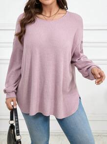 SHEIN LUNE Áo thun tay dài gân màu trơn cỡ lớn dành cho nữ, thường ngày mừng năm mới, phụ nữ nhiệt tình trong ngày lễ Tạ ơn - Bụi tím - Xem 4