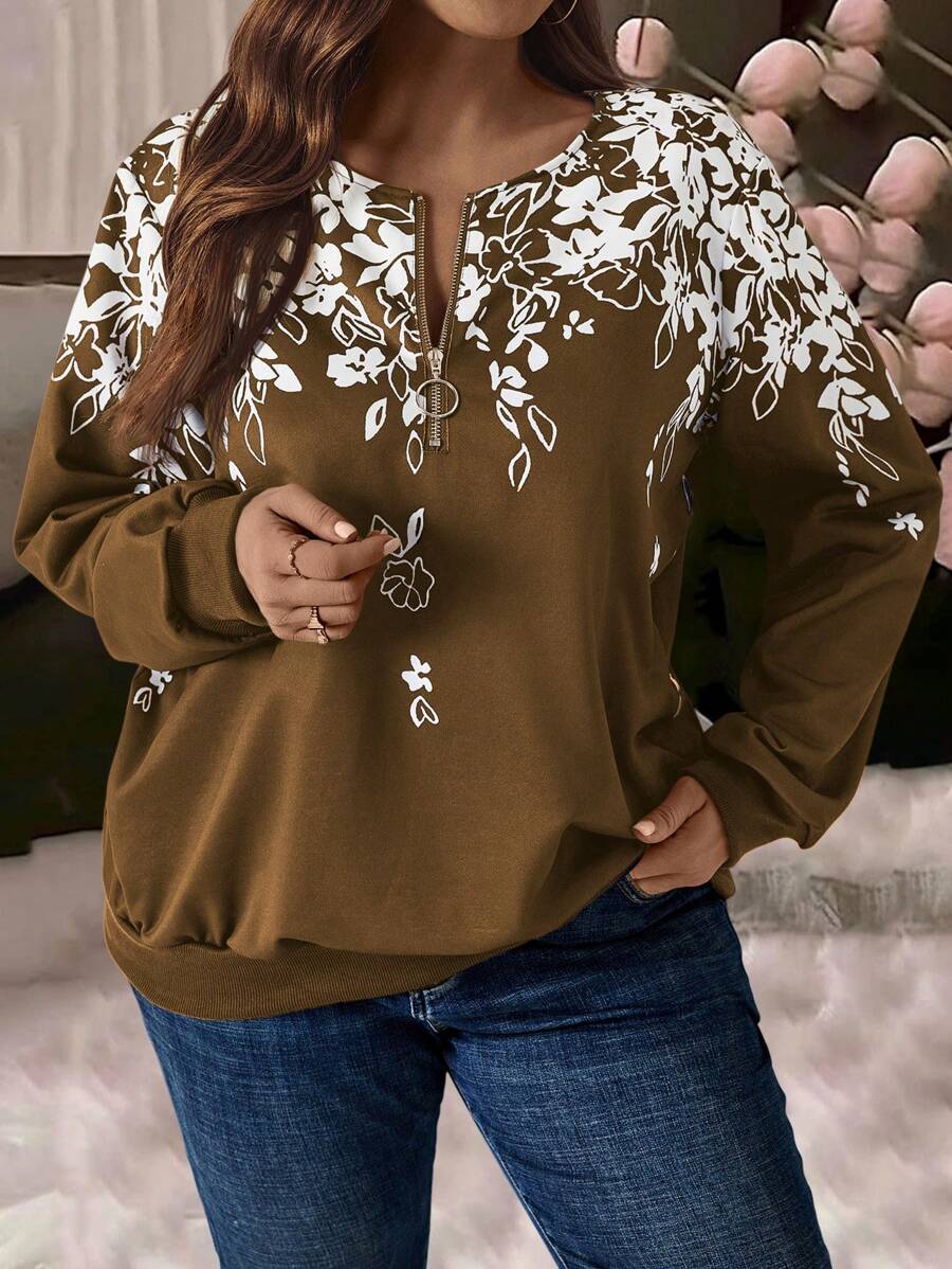 EMERY ROSE Plus Size Front Zip Up Long Sleeve Printed Casual Sweatshirt, Autumn/Winter