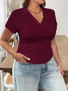 SHEIN Essnce Plus Size Women's Summer And Autumn Casual Comfortable POLO Collar Red Short-Sleeved Plain Teacher Fitted T-Shirt, Curve Tops, Back To School Basic Burgundy Top, New Year, Summer