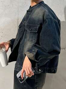 DAZY Men's Drop Shoulder Long Sleeve Single Breasted Casual Denim Jacket, Autumn,Back To School, Emo Style - Blue - View 6