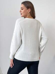 SHEIN Unity 大码女式秋冬刺绣串珠装饰宽松圆领针织套头衫 - 白色 - 查看 2