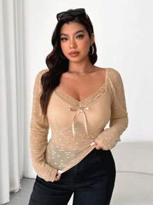 SHEIN Unity 女式复古别致蕾丝长袖上衣，适合春秋季节 - 杏色 - 查看 3