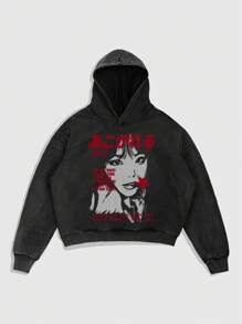 ROMWE MEN Anime Men Washed Figure Graphic Print Hoodie Sweatshirt - Black - View 3