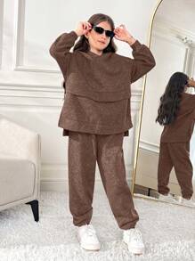 SHEIN Conjunto de 2 piezas de niña preadolescente con sudadera con capucha holgada y cómoda y pantalones