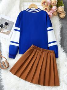 SHEIN Explorewe Tween Girls Back-To-School American College Style Two-Piece Set,Aqua Blue Letter Print V-Neck Sweatshirt And Pleated Skirt,Casual School Autumn - Multicolor - View 2