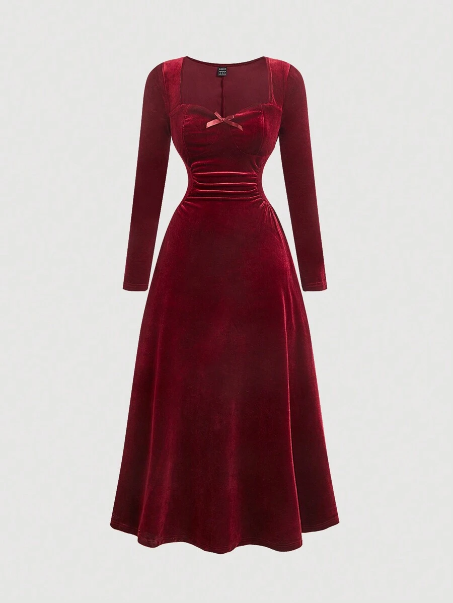 SHEIN MOD Square Collar Ruched Waist Long Sleeve Velvet Burgundy Dress - Burgundy - View 1