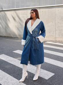 SHEIN ICON Plus Size Casual Color Block Fuzzy Patchwork Long Denim Jacket For Autumn/Winter