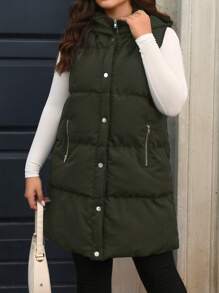 Calvaya Áo khoác không tay có mũ trùm đầu màu trơn đơn giản cỡ lớn, mặc thường ngày, mùa đông - xanh quân đội - Xem 3