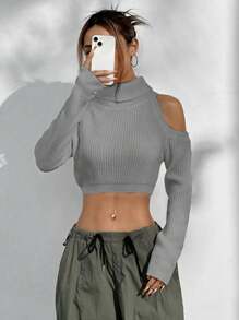 SHEIN Unity Suéter de mujer con hombros abiertos, de estilo minimalista de cuello alto, de punto, para uso casual y diario en otoño e invierno - Gris Claro - Ver 4