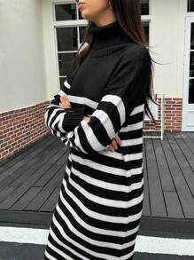INAWLY 女士高领长袖简约条纹休闲长款毛衣连衣裙 - 彩色 - 查看 3