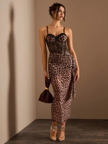 Glamine Sexy Elegant Lace & Leopard Print Asymmetric Waist See-Through Fish Bone Crinkle Detail One-Sided Strap Long Dress For Women Maxi Women Outfit