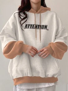 DAZY Women's Color Block Letter Print Hooded Sweatshirt,Fall Clothes - Grey - View 5