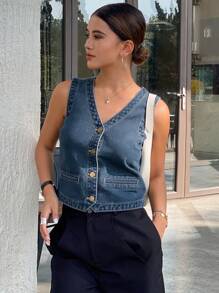 Livesso 女式休闲单排扣 V 领背心上衣，秋季 - 中等水洗藍 - 查看 7