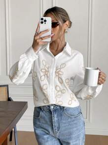 SHEIN Frenchy Damen Langarm Hemd mit Knopfleiste, minimalistischem Muster und Details, Lässig - Weiss - Übersicht 5