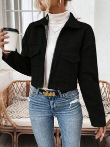 Women's Black Drop Shoulder Long Sleeve Short Overcoat, Autumn/Winter