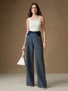 SHEIN X Jwoww Anewsta 女士新款时尚提花情人节/母亲节蓝色直筒牛仔裤