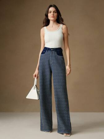 SHEIN X Jwoww Anewsta 休闲通勤提花宽松阔腿牛仔裤