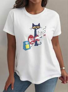 INAWLY Camiseta de manga corta de cuello redondo con estampado gráfico de gato tocando la guitarra para mujeres de talla grande, para el verano