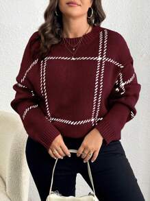 Calvaya Plus Size Women Plaid Pattern Round Neck Drop Shoulder Long Sleeve Casual Pullover Sweater, Autumn/Winter - Burgundy - View 1