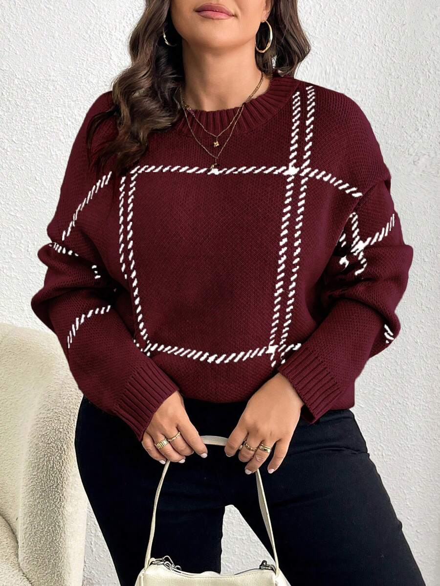 Calvaya Plus Size Women Plaid Pattern Round Neck Drop Shoulder Long Sleeve Casual Pullover Sweater, Autumn/Winter - Burgundy - View 1