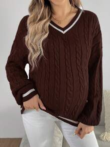 SHEIN Maternity Solid Color Patchwork V-Neck Casual Sweater