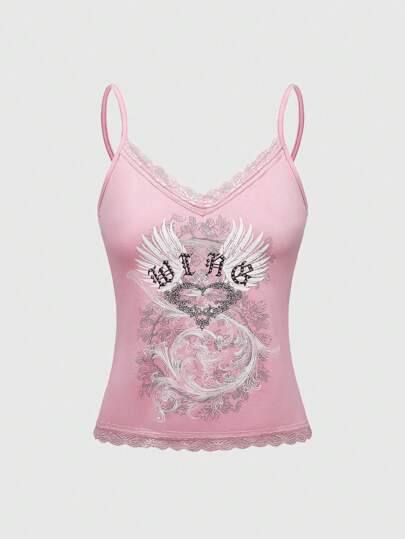 Grunge Punk Y2K Damen stilvoller Lace-Camisole-Oberteil mit Flügelornament und Strass