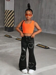 SHEIN Tween Girls Y2K Heart Pattern Distressed Flared Denim Flare Leg Jeans,Girls Fall Clothes Back To School Outfits - Black - View 3