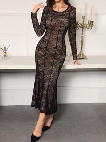 Modelyn Women Simple Round Neck Long Sleeve Long Casual Dress, Daily Wear Long Evening Dresses