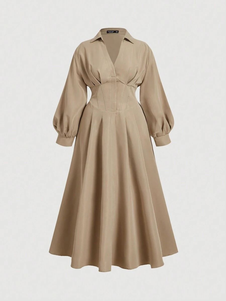 SHEIN MOD Plus Size Women Solid Long Sleeve Elegant Herringbone Waist Pencil Dress