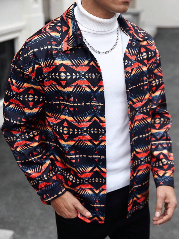 Manfinity EMRG フィッシングスーツ 迷彩 Manfinity EMRG Men's Geometric Pattern Long Sleeve Single-Breasted