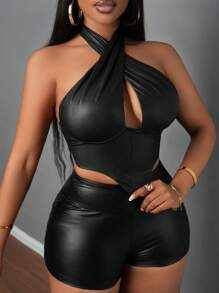 Slaydiva 街头性感镂空挂脖不对称下摆短款上衣 - G