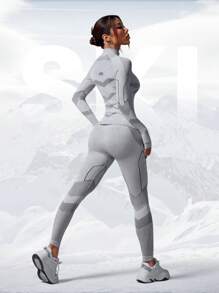 女士长袖拼色保暖滑雪服套装健身套装 - 深灰色 - 查看 3