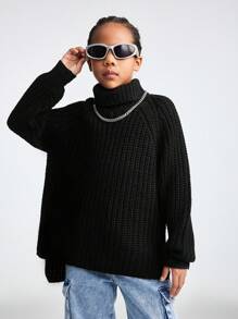 SHEIN Tween 女童纯色黑色高领长袖简约休闲上衣 - 黑色 - 查看 3