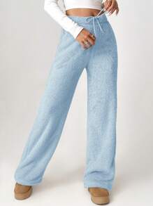 SHEIN Tall Pantalones anchos con cintura de cordón tipo teddy - Azul - Ver 6