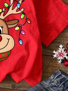 SHEIN 圣诞快乐可爱卡通鹿串灯图案红色休闲圆领短袖T恤，适合夏季，圣诞衬衫，可爱衬衫，小女孩衣服 - 彩色 - 查看 5