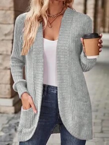 EMERY ROSE Women's Casual Ribbed Brushed Open Front Side Pocket Shorts Jacket, Lightweight - Light Grey - View 3