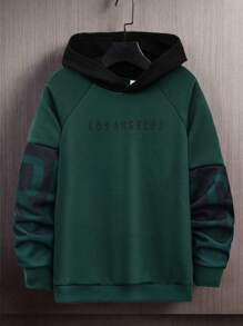 Tween Boys' Color Block Los Angeles Style Casual Drawstring Sweatshirt, Loose Fit, Suitable For Autumn - Dark Green - View 1